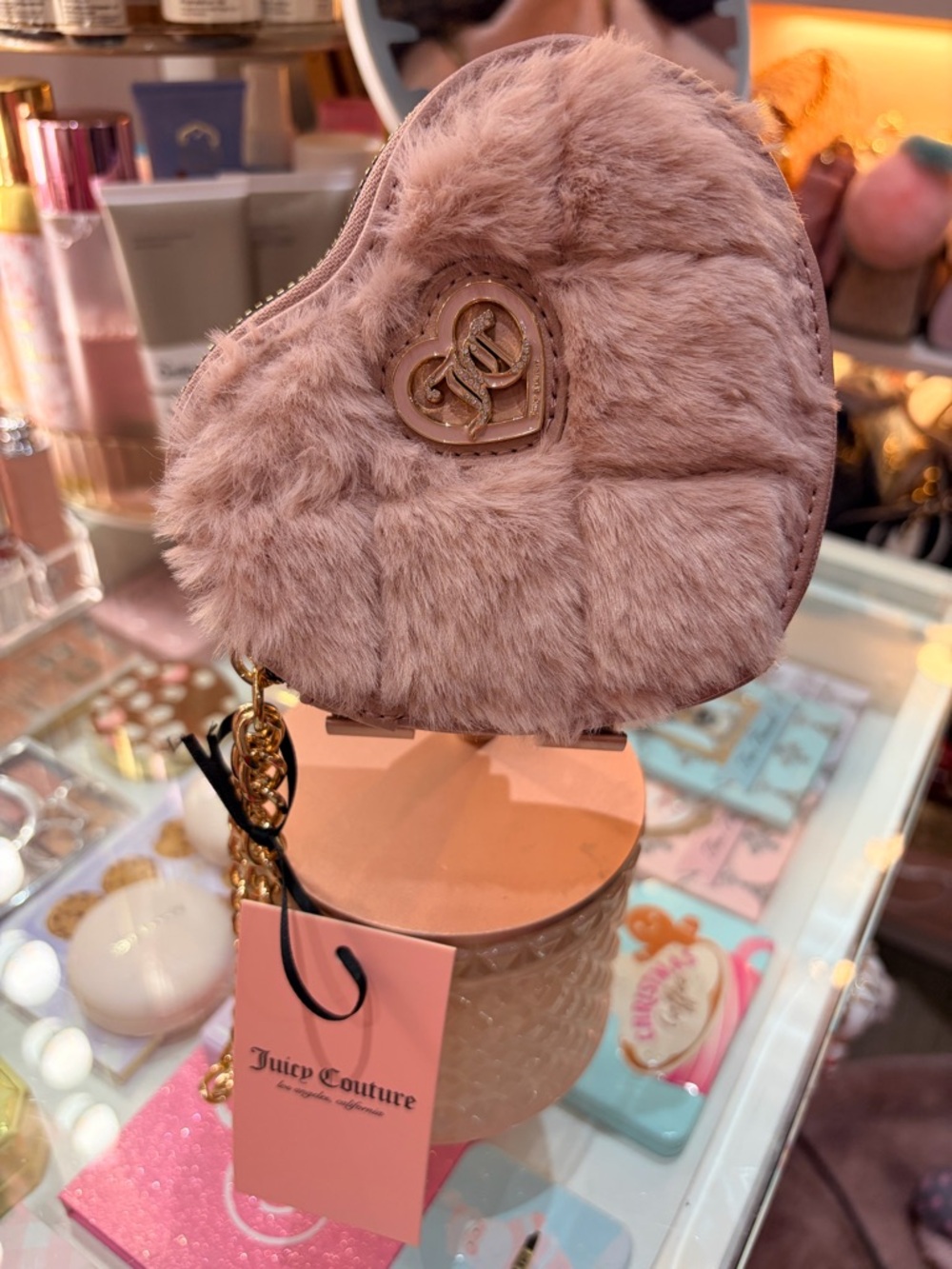 New Juicy Couture Pink Heart-Shaped Faux Fur Coin Purse